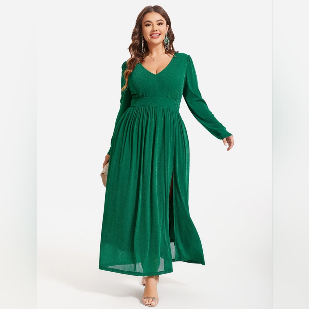 Elastic Waist Split Ruched Glitter Maxi Dress